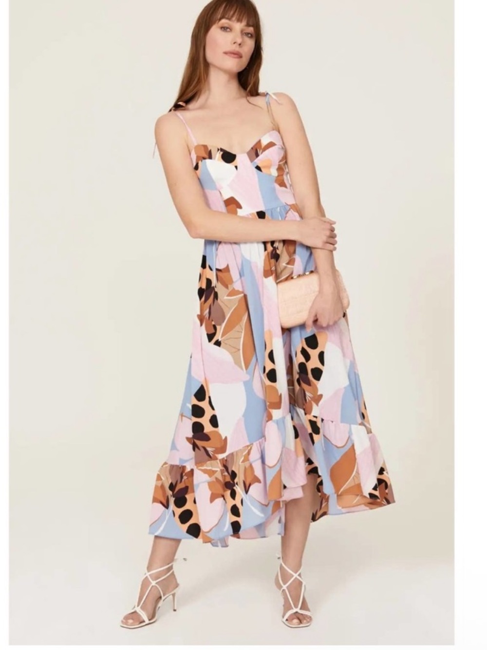 Hutch Tie Strap Colorful Ruffle Hem Midi Dress Size 2